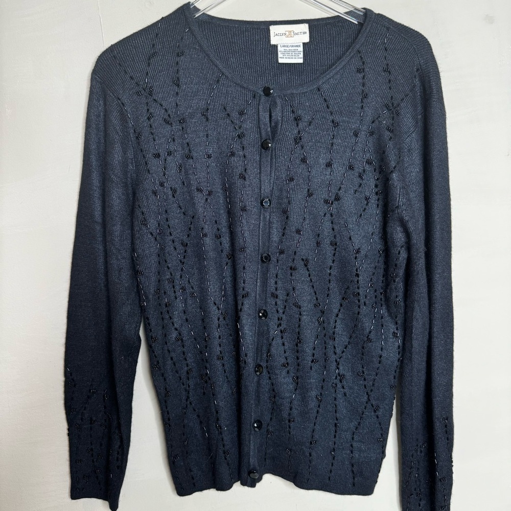 Jaclyn Smith Black Beaded Button Front Cardigan Sweater